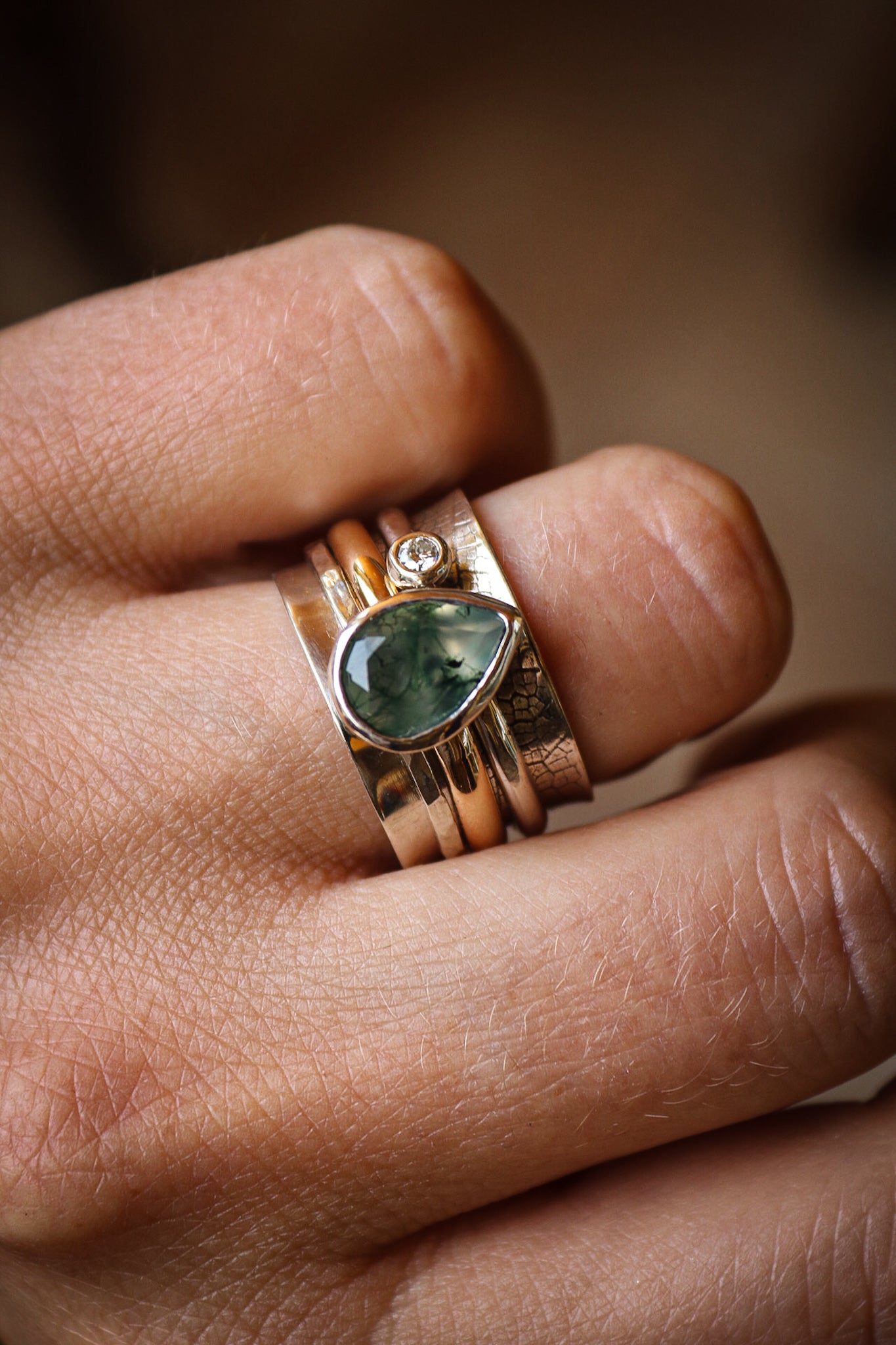 Spinner Ring with Moss Agate & Moissanite