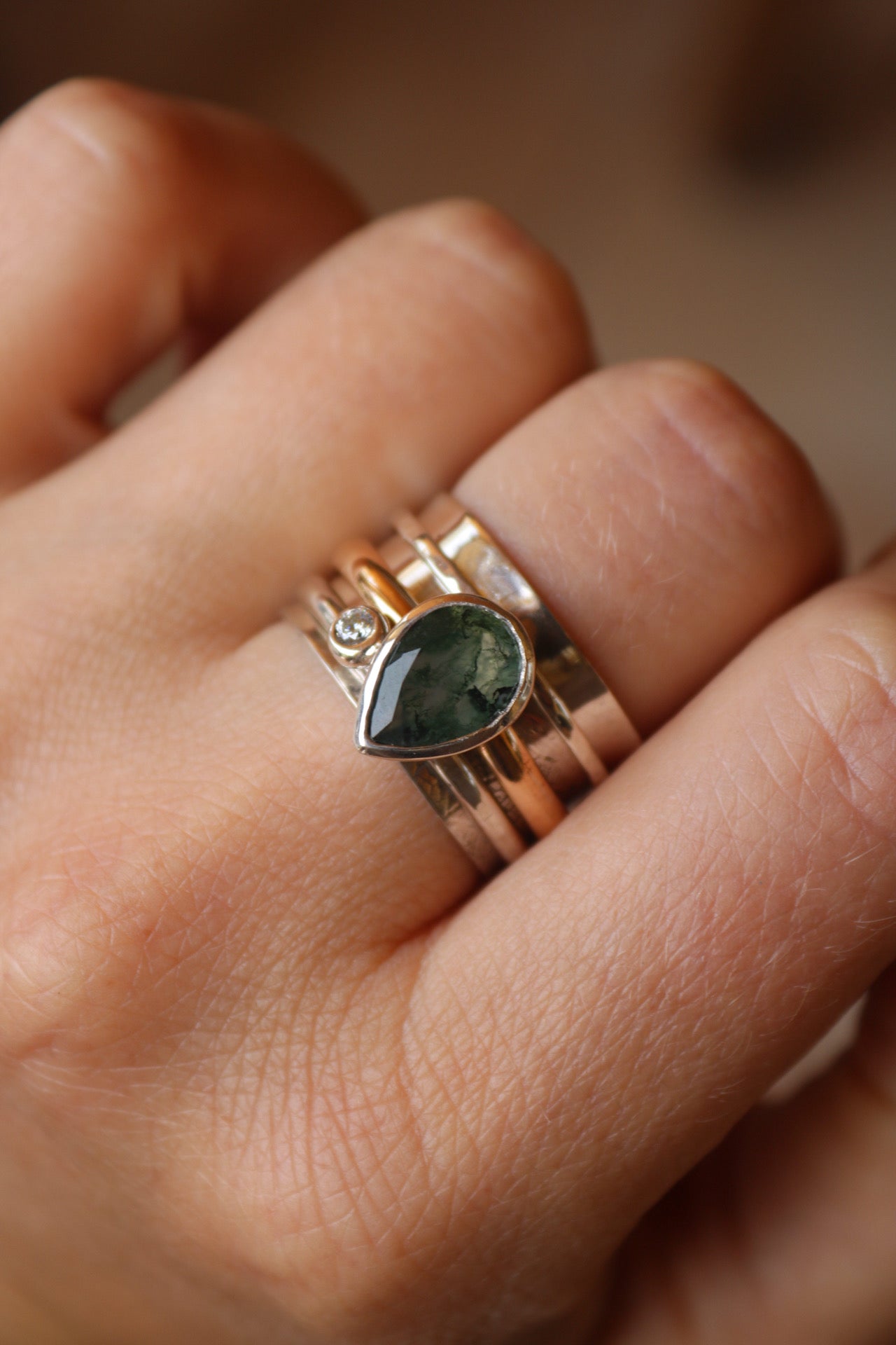 Spinner Ring with Moss Agate & Moissanite