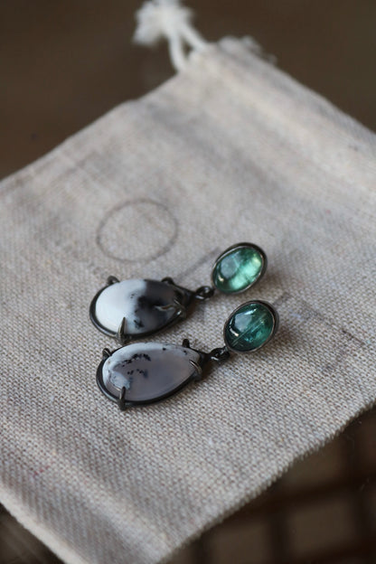 Silver Earrings with Dendritic Opal and Kyanite