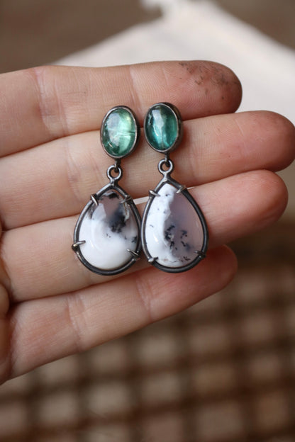 Silver Earrings with Dendritic Opal and Kyanite