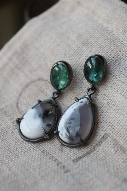 Silver Earrings with Dendritic Opal and Kyanite