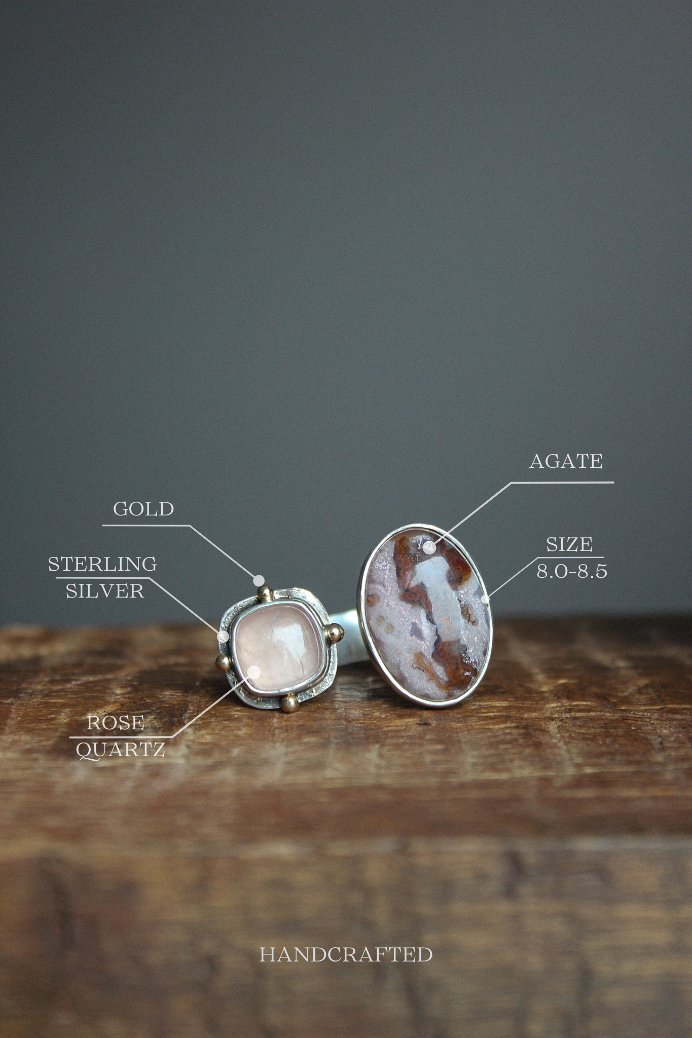 Rose Quartz & Agate Silver Ring with Gold Dots (8.0-8.5)