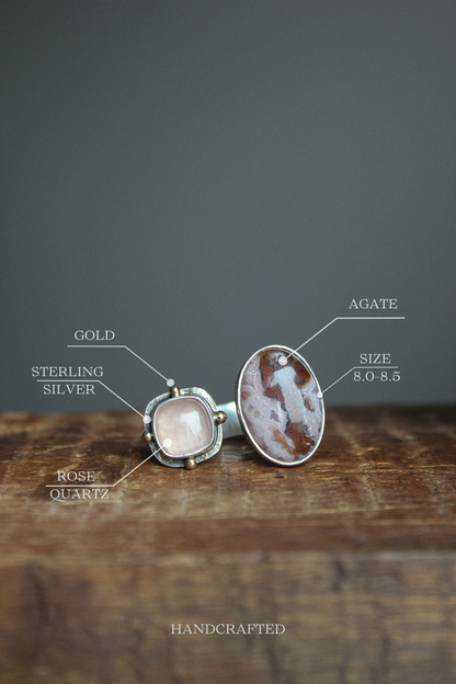 Rose Quartz & Agate Silver Ring with Gold Dots (8.0-8.5)