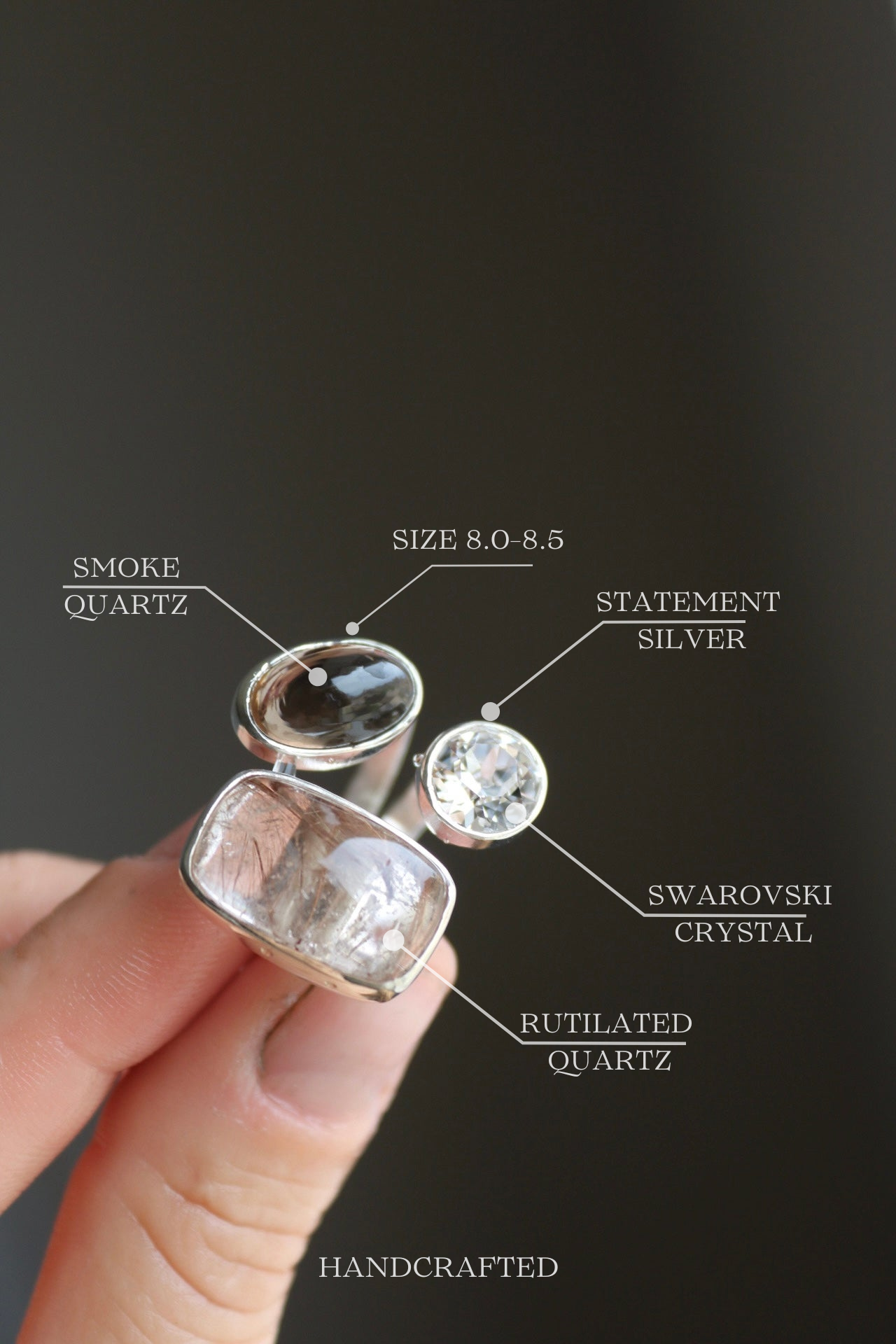 Rutilated and Smoky Quartz with Swarovski Silver Ring (8.0-8,5)