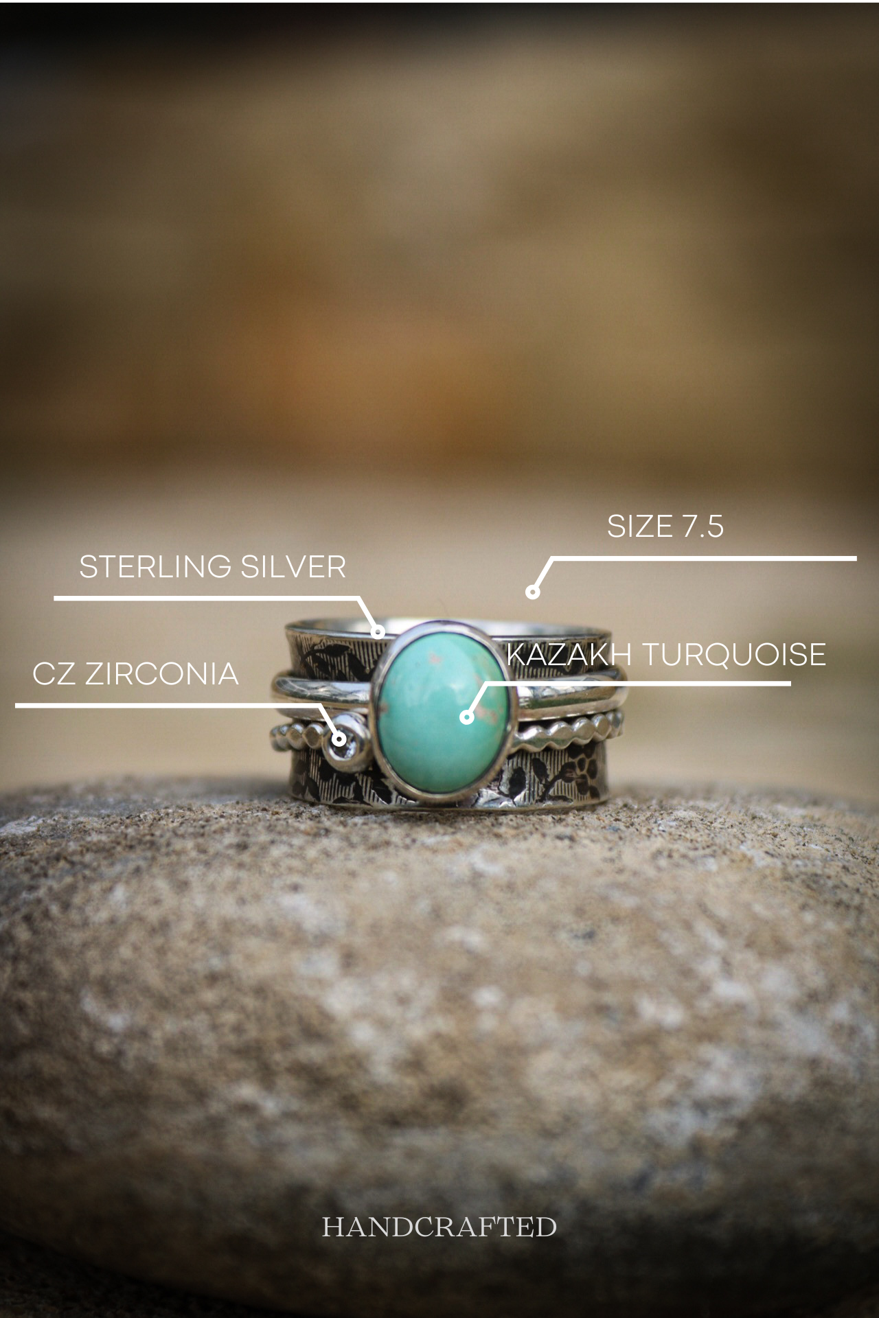 Kazakh Turquoise Spinner Silver Ring (7.5)