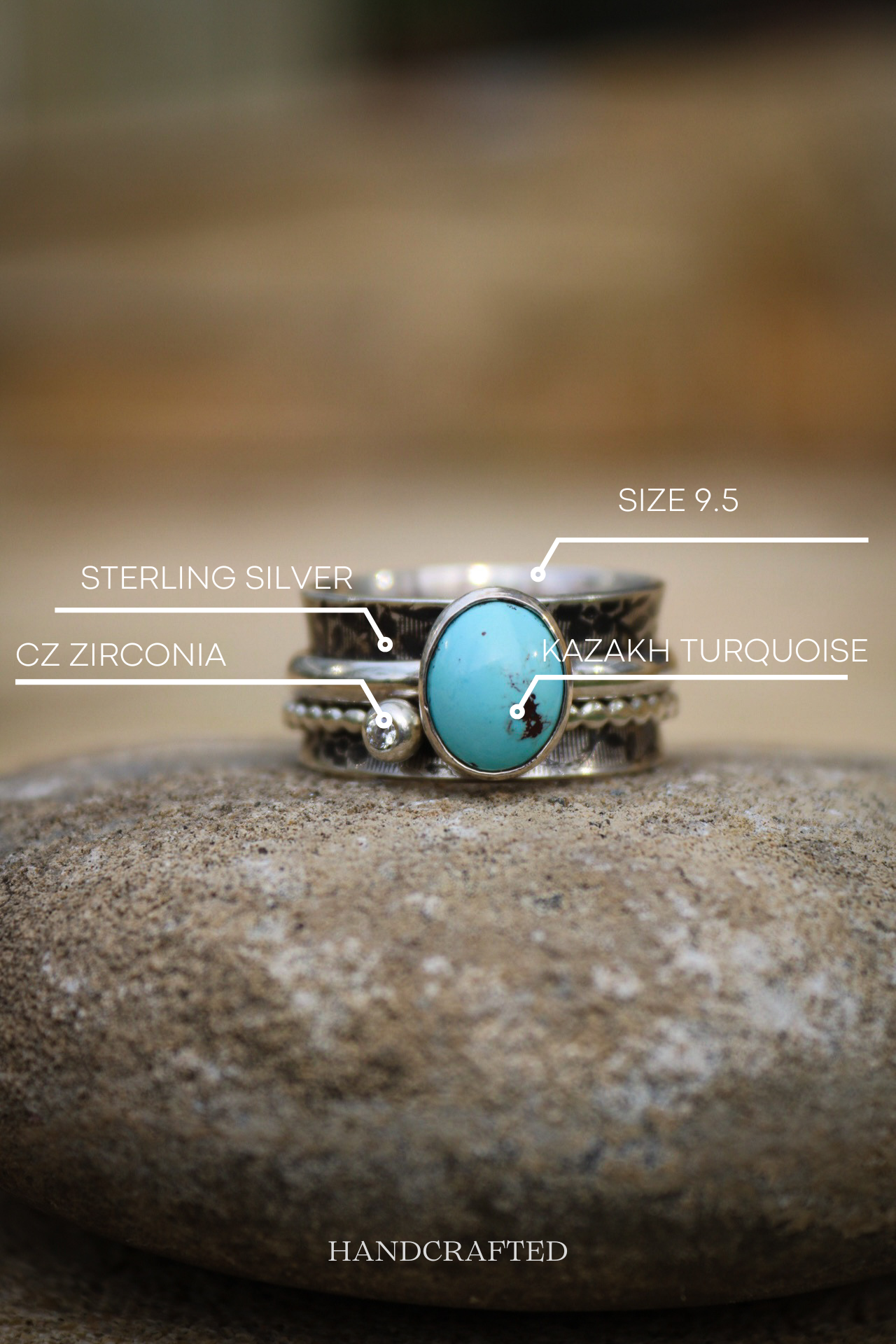 Kazakh Turquoise Spinner Silver Ring (9.5)