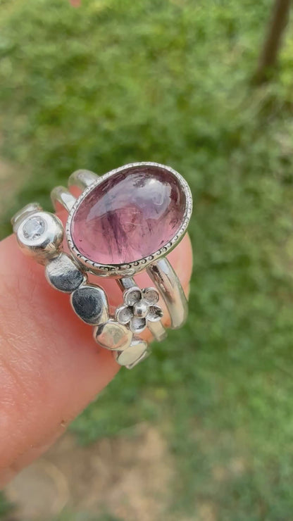 Tourmaline & Moissanite Silver Ring Set (5.0)