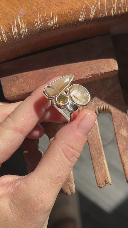 Square Stackable Ring Set with Sapphire, Citrine, Rutile Quartz (8.5)