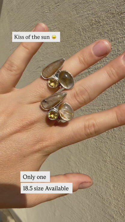 Square Stackable Ring Set with Sapphire, Citrine, Rutile Quartz (8.5)