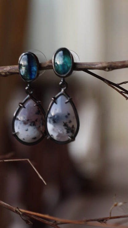 Silver Earrings with Dendritic Opal and Kyanite