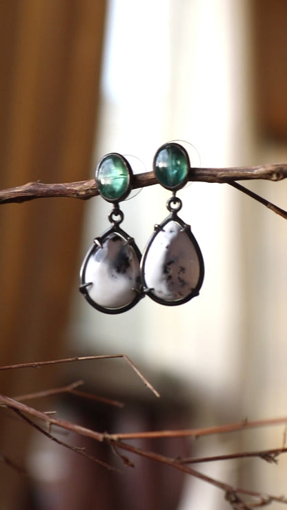 Silver Earrings with Dendritic Opal and Kyanite