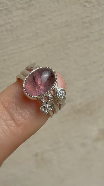 Tourmaline & Moissanite Silver Ring Set (5.0)