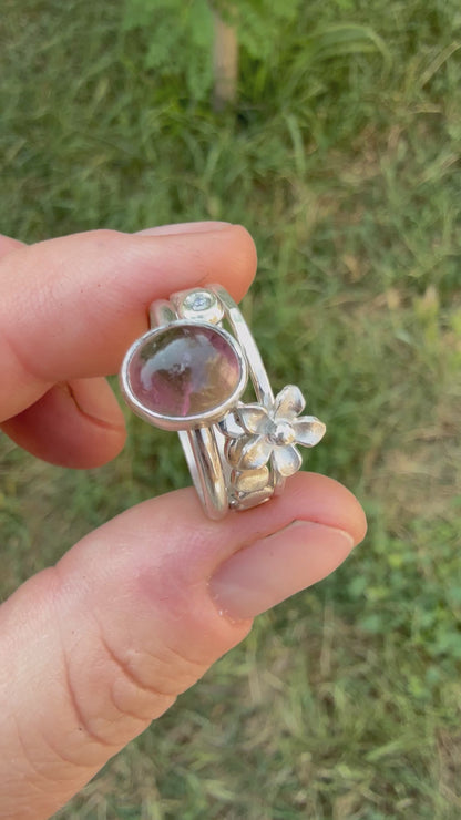 Tourmaline & Moissanite Silver Ring Set (8.5)